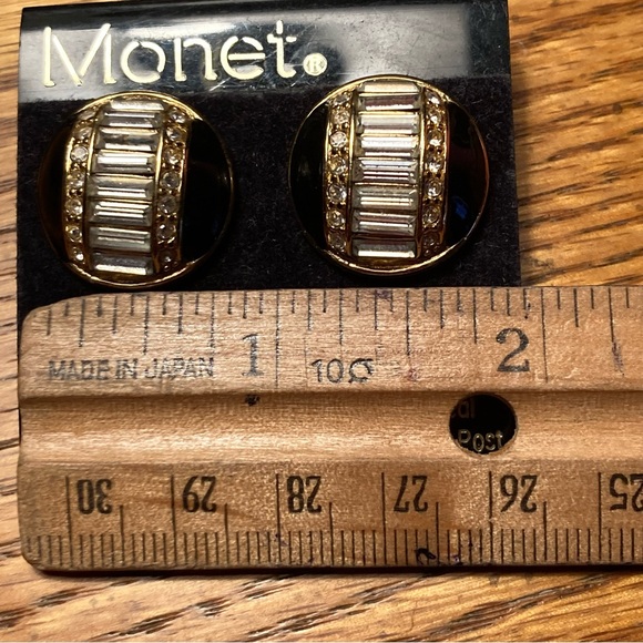 Vintage Monet .75” Black w/Faux Diamonds Gold Tone Accent Pierced Back Earrings - Picture 4 of 6